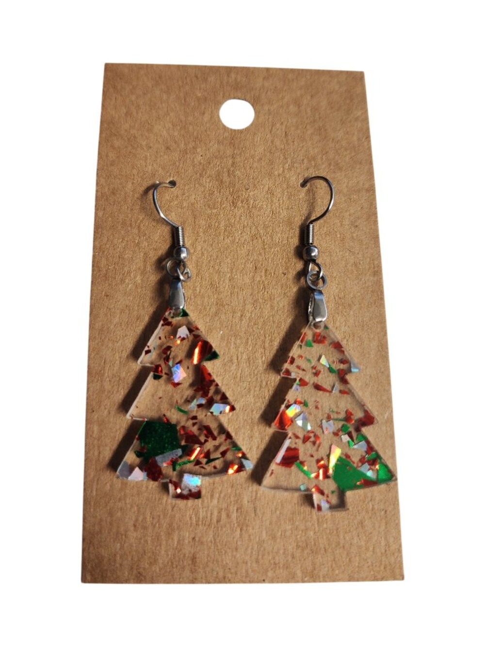 Red & Green Confetti Christmas Tree Acrylic Dangle Earrings